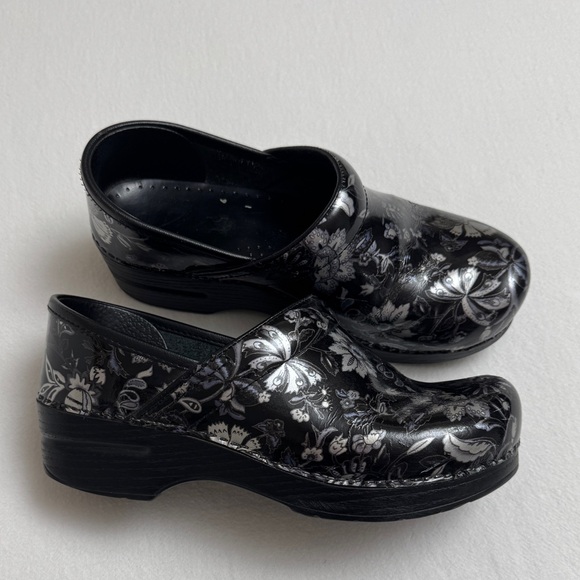 Dansko Shoes - Dansko Black Floral Metallic Print Patent Leather Clogs Size 37 US Size 6.5 - 7